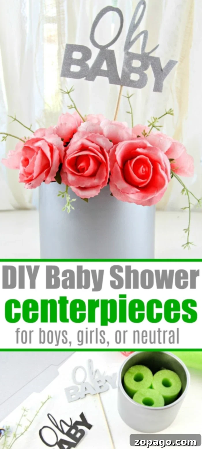 DIY baby shower table centerpieces using Dollar Store items and under $5.00 for each one! Perfect for gender neutral, boy or girl baby showers. #babyshower #games #centerpieces #decorations #cheap A comprehensive view of a completed DIY baby shower centerpiece, highlighting its affordability and versatility for various themes.