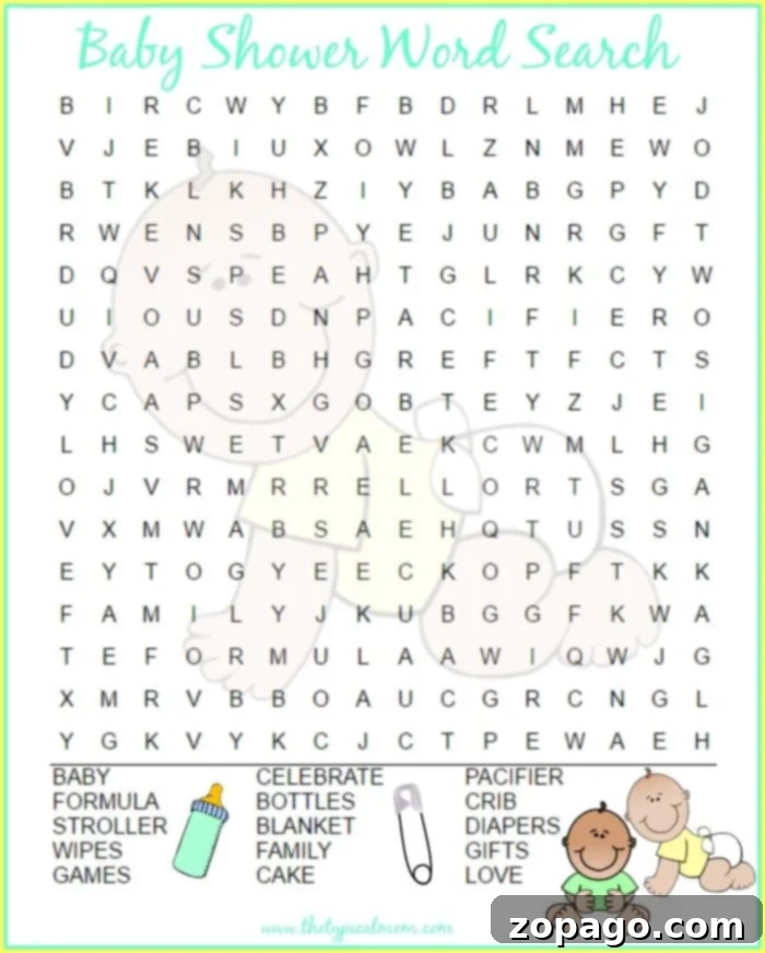 Baby shower word search. #babyshowergames #babyshower #game #wordsearch A delightful baby shower word search puzzle, ready to be printed and enjoyed as a fun activity for guests.