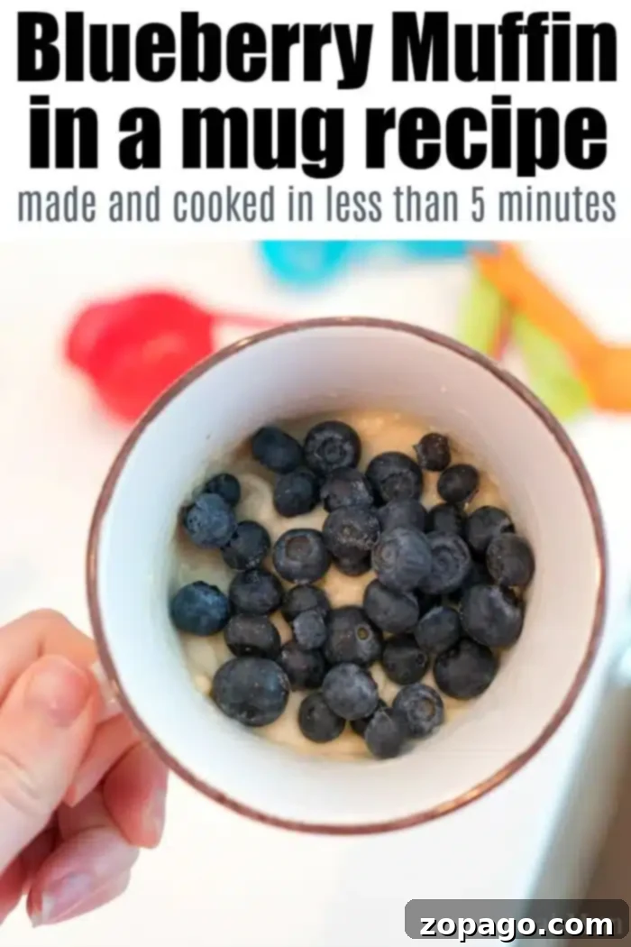 Blueberry Mug Bliss 4 A hand holds a white ceramic mug filled with blueberry muffin batter, generously topped with fresh blueberries, ready for microwaving. The text above the mug highlights the quick preparation time.