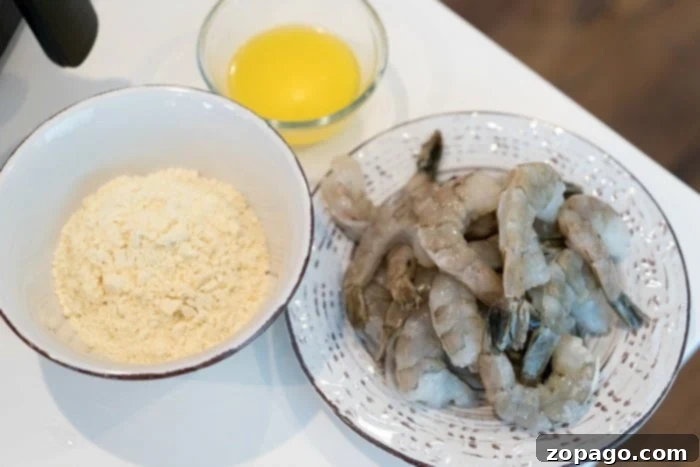 Crispy Air-Fried Shrimp 3 Raw shrimp, flour, and melted butter prepared for breading and air frying