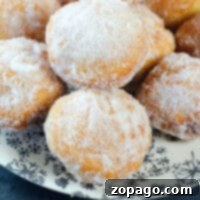 A plate of sugar-coated homemade doughnut holes sits elegantly on a patterned dish.