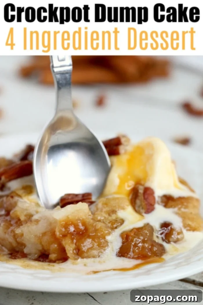 A spoon scoops a portion of crockpot apple dump cake with visible nuts and sauce, labeled as a 4 ingredient dessert.