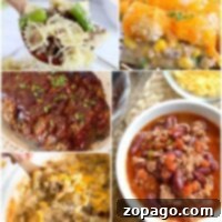 Collage of beef recipes: easy crockpot cheesy pasta, casserole, glazed loaf, chili, and a savory dish with vegetables.