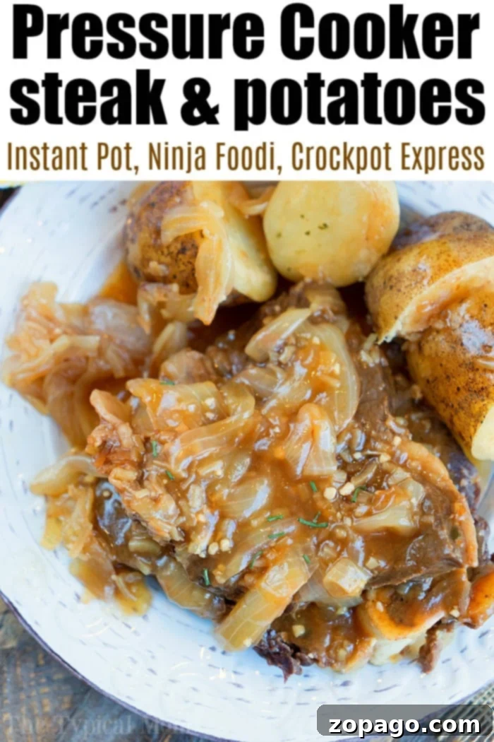 Instant Pot Steakhouse Steak 4 Ninja Foodi preparing a delicious steak with potatoes and onions, showcasing the pressure cooking process.