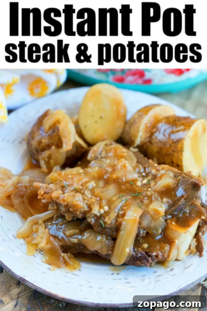 Instant Pot Steakhouse Steak 6 InstaPot steak recipe close-up, showcasing the rich texture and delicious gravy.
