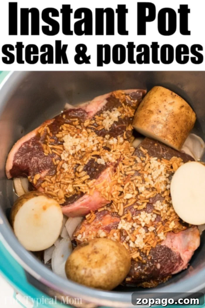Instant Pot Steakhouse Steak 7 Steak in a pressure cooker, perfectly cooked and ready to be plated with potatoes.