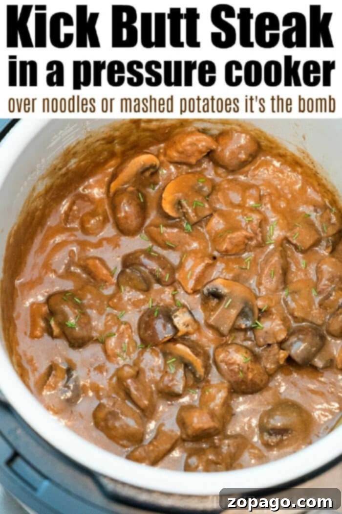 Tender Beef Bites, Effortlessly Made in Your Instant Pot 7 Pressure-cooked beef stew meat with mushrooms in a pot, served as savory beef tips with gravy.