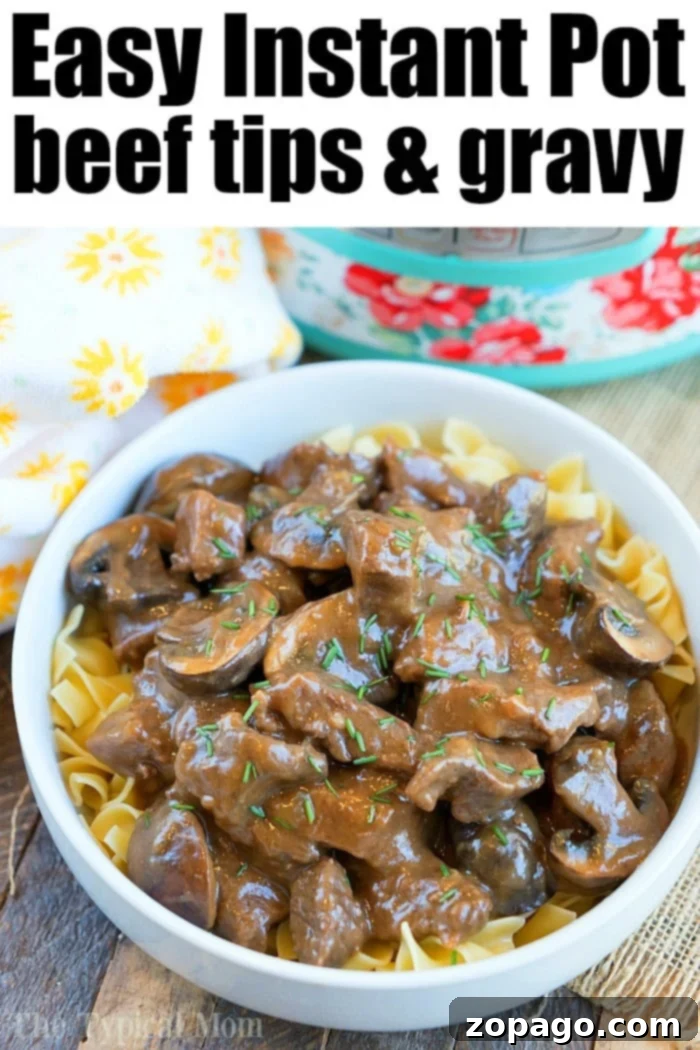 Savory Instant Pot Beef Tips 8 A generous serving of Instant Pot Beef Tips with creamy mushroom gravy, perfectly cooked and ready to be enjoyed.
