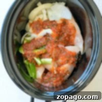 Easy salsa chicken crockpot recipe: tender chicken, onions, and green peppers, slow-simmered in a rich tomato sauce.
