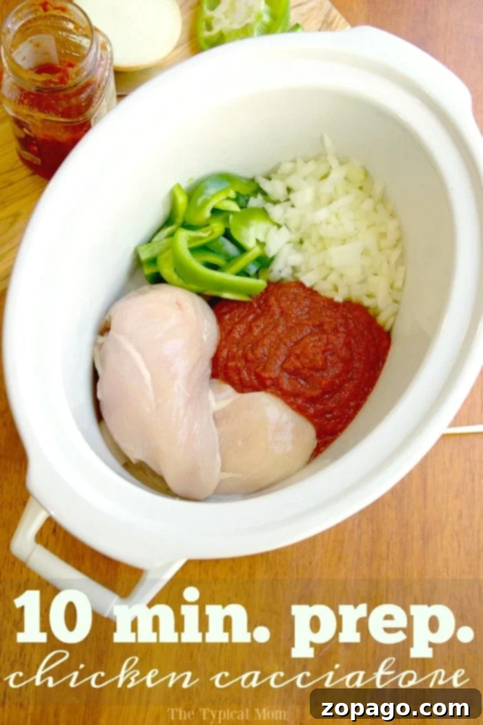 Explore the best Crockpot chicken recipes: easy, family-friendly, and budget-conscious slow cooker meals with step-by-step instructions for busy lives. #crockpotrecipes #crockpotchicken #slowcooker #cacciatore A serving of Crockpot chicken cacciatore with tender chicken, bell peppers, and onions in a rich tomato sauce.
