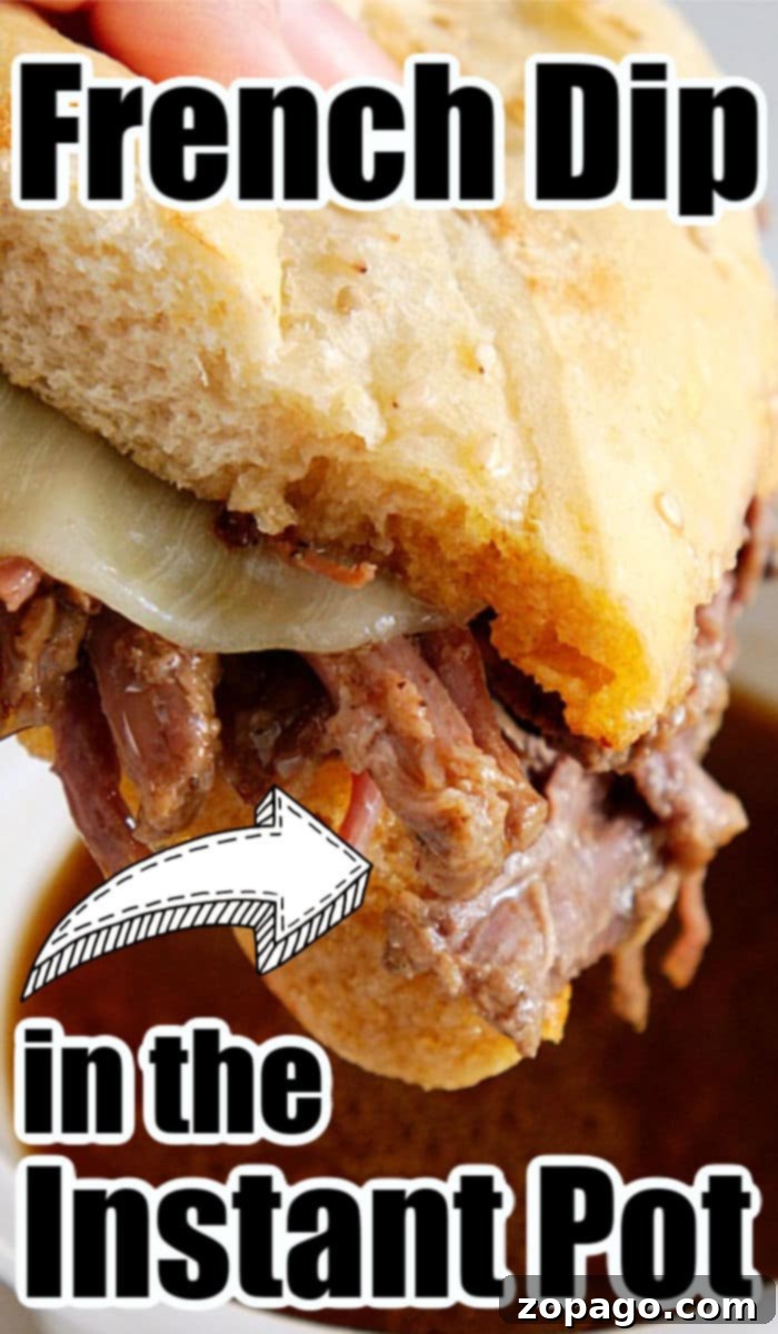Savory Instant Pot French Dip 7 Assembled Instant Pot French Dip sandwiches with dipping sauce