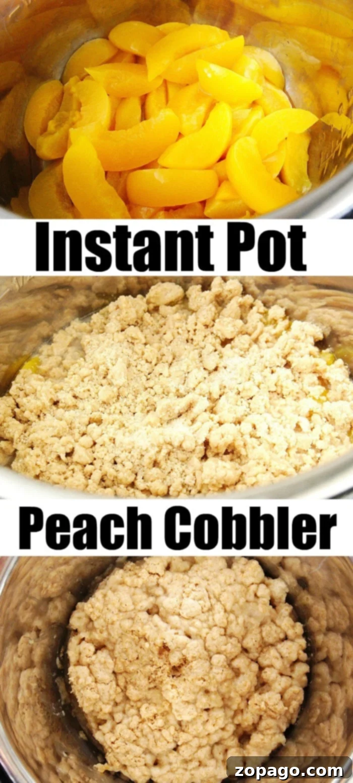 Easy Instant Pot Peach Cobbler 5 A close-up shot of a steaming Instant Pot peach cobbler, showing the golden-brown topping and soft peach filling.