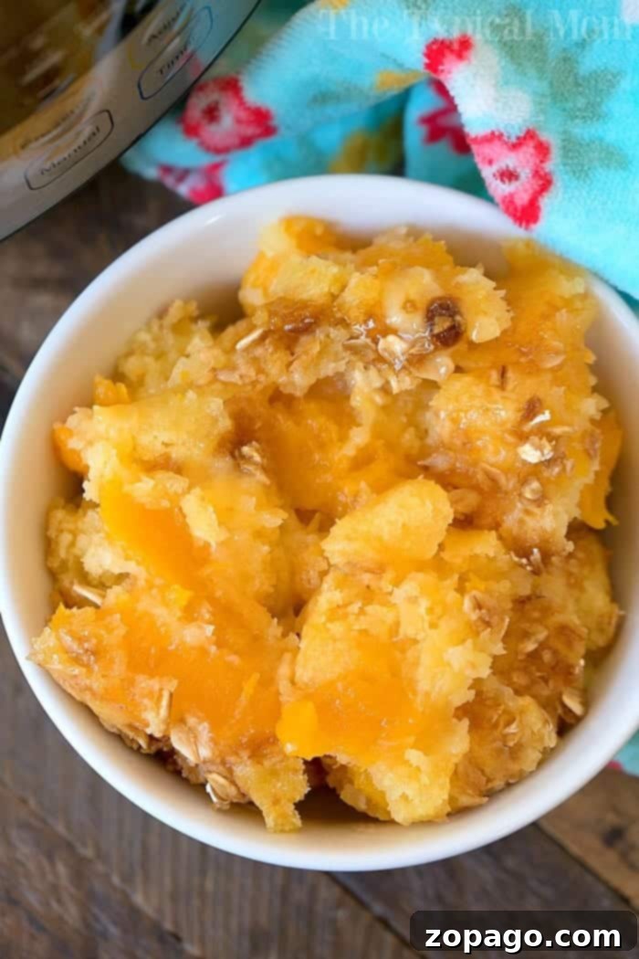 Easy Instant Pot Peach Cobbler 9 A beautifully presented Instant Pot peach cobbler, garnished with a sprig of mint and a dusting of powdered sugar, in a rustic setting.