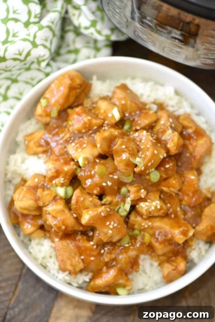 Spicy Honey Instant Pot Chicken for September Meals A vibrant bowl of spicy honey Instant Pot chicken, garnished with green onions and sesame seeds over white rice, showcasing a perfect September dinner.