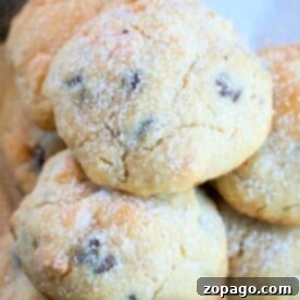 Close-up of sugar-dusted chocolate chip cookies stacked on a plate, reminiscent of pecan snowball cookies in their irresistible appeal.