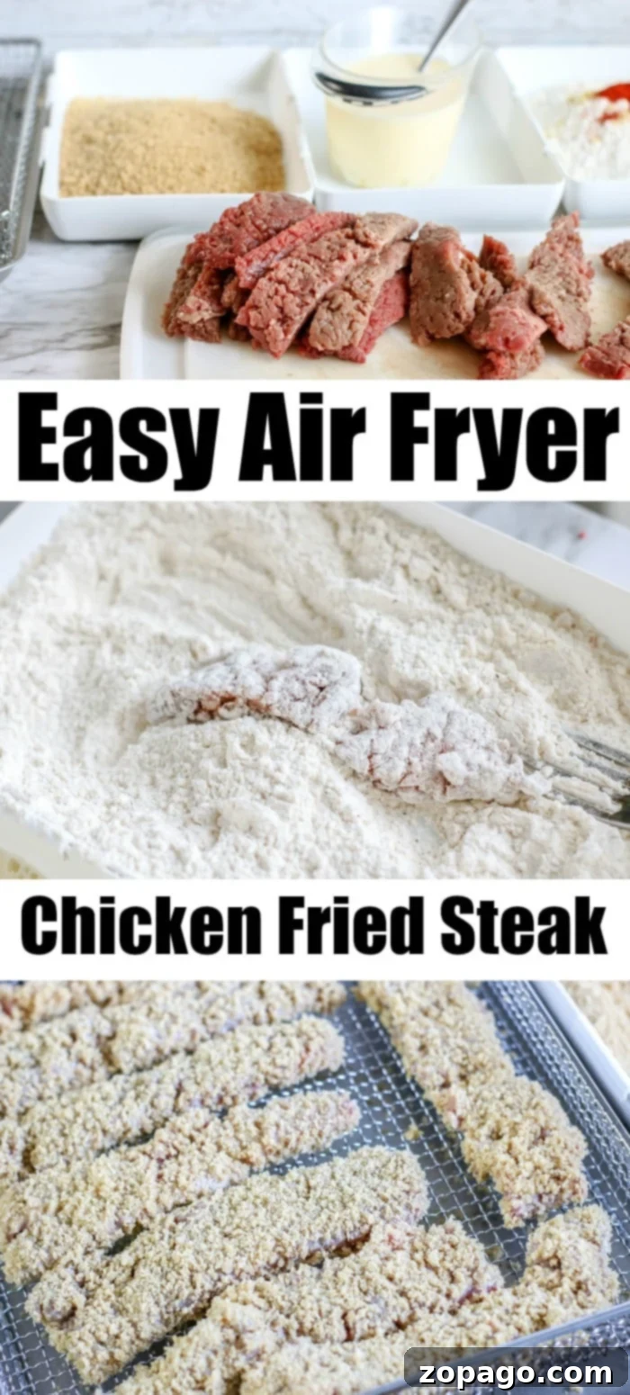 Prepare your Air Fryer Chicken Fried Steak with this easy breading setup. Raw cubed steak pieces, breading station with flour, egg wash, and Panko, ready for air frying.