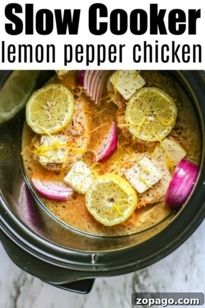 Slow cooker lemon pepper chicken breasts are easy to throw together, healthy, and a favorite meal served over rice at our house. Tender and packed with flavor! #crockpotrecipes #crockpot #slowcooker #lemonchicken #lemonpepper #chickenbreasts #healthy Delicious Slow Cooker Lemon Pepper Chicken, a healthy and tender meal for the whole family.