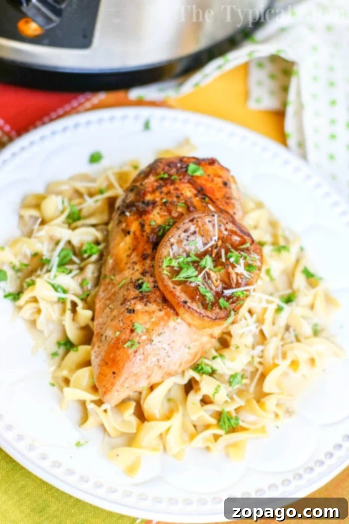 Slow Cooker Lemon Pepper Chicken 6 A dish of Slow Cooker Lemon Pepper Chicken with a creamy sauce, ready to be served.
