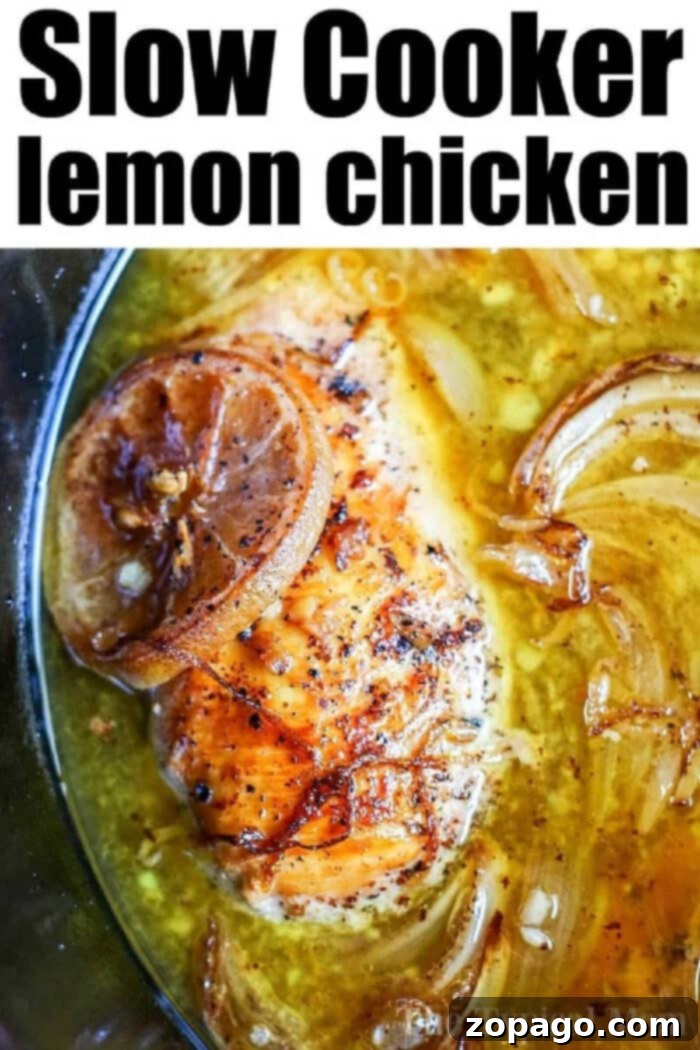 Slow Cooker Lemon Pepper Chicken 9 A close-up of a dish titled "Crockpot Lemon Pepper Chicken" shows a perfectly cooked, seasoned chicken breast topped with fresh lemon slices, submerged in a rich broth with tender sliced onions. The chicken is visibly peppered, suggesting robust flavor.