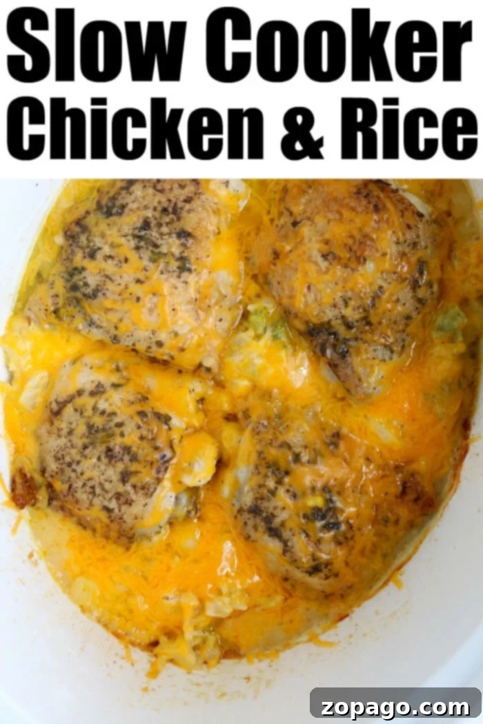Slow cooker cheesy chicken and rice casserole is a family favorite! Tender chicken thighs, broccoli and perfectly cooked rice smothered with cheese of course. #crockpot #slowcooker #chickenandrice #chickenthighs #chicken #rice A large serving of slow cooker cheesy chicken and rice casserole, showcasing the rich, creamy texture and generous cheese.