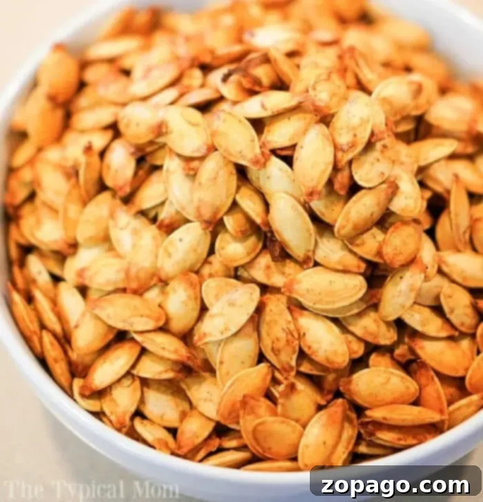 Crispy Air Fried Pumpkin Seeds 2 A white bowl filled with a generous quantity of golden-brown, seasoned roasted air fryer pumpkin seeds. The seeds are perfectly crispy and seasoned with various spices, inviting a healthy snack.