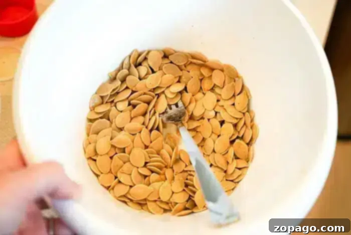 Crunchy Air Fryer Pumpkin Seeds 4 A white bowl filled with a generous amount of air fryer pumpkin seeds is shown. A fork is resting in the bowl, partially covered by the seeds. The image focuses on the tan-colored seeds, which are evenly spread out in the bowl.