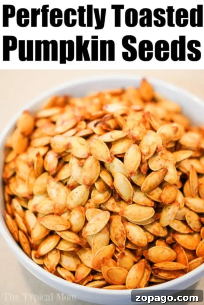 Air fryer pumpkin seeds are easy to make and SO much better than store bought! If you're ready to make crispy homemade pumpkin seeds at home, this is how! #airfryer #airfryerrecipes #ninjafoodi #pumpkinseeds #homemade #crispy #airfryerpumpkinseeds #thetypicalmom A pristine white bowl filled with perfectly golden-brown, irresistibly crispy air fryer pumpkin seeds. The visual conveys the text above, "Perfectly Toasted Pumpkin Seeds," promising a delightful snack.