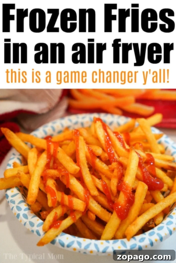 Frozen french fries air fryer style are the best!! Crispy just like at a restaurant but healthier since you do NOT have to fry them in oil. Game Changer! #airfryer #airfryerfrenchfries #frenchfries #ninjafoodi #foodi Close-up of crispy frozen french fries, perfectly cooked in an air fryer.