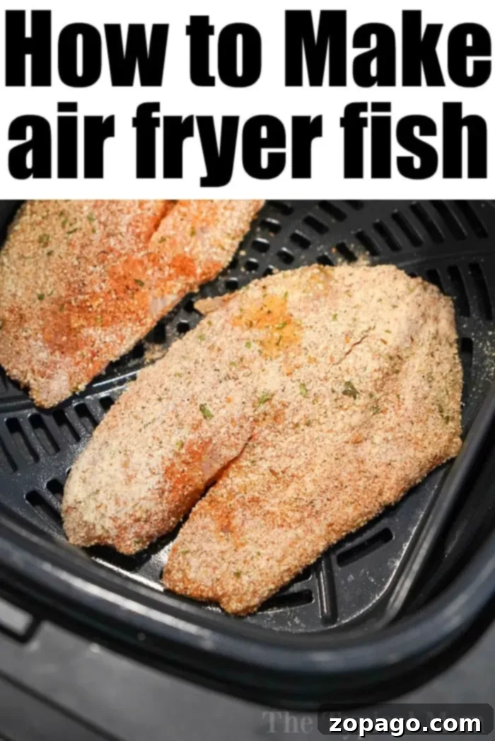 Air fryer fish is easy to make! Using fresh, frozen, or previously frozen fillets you can make tasty tilapia that's crunchy on the outside and flaky within. #airfryer #airfryerfish #airfryerrecipes #ninjafoodi #ninjafoodirecipes #tilapia #airfryertilapia Two breaded tilapia fillets are placed in an air fryer basket, ready to be cooked. The text at the top reads, "How to Make air fryer fish.
