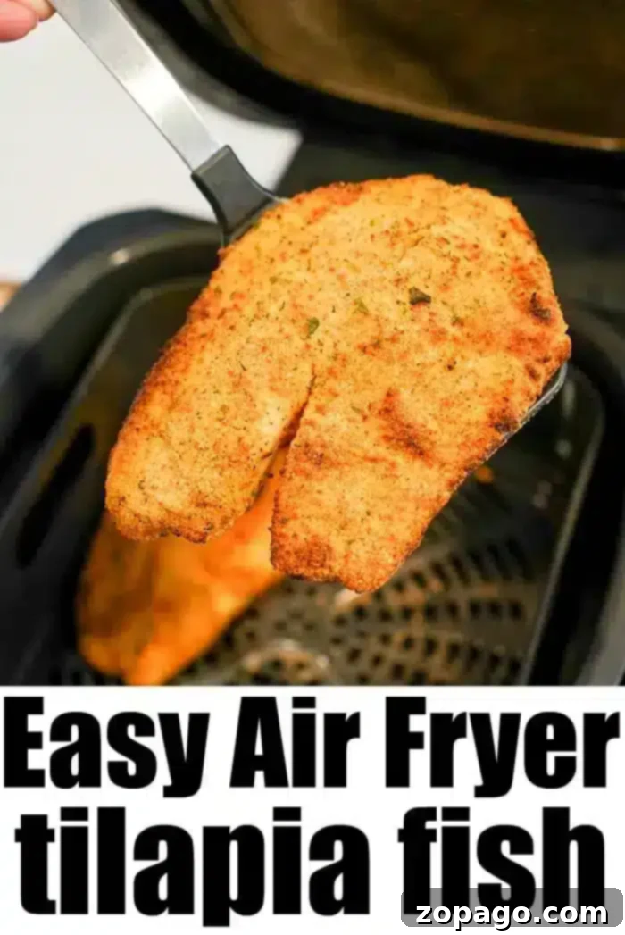 Air fryer tilapia is easy to make! Using fresh, frozen, or previously frozen fillets you can make tasty fish that's crunchy on the outside and flaky within. #airfryer #airfryerfish #airfryerrecipes #ninjafoodi #ninjafoodirecipes #tilapia #airfryertilapia A piece of breaded tilapia fish is held above an air fryer basket by a spatula, showcasing the deliciousness of air fryer tilapia. The text "Easy Air Fryer tilapia fish" is displayed at the bottom of the image.