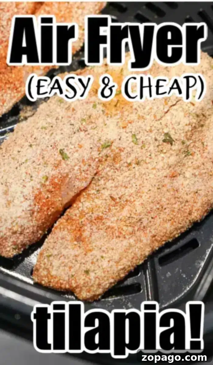 Crispy Air Fryer Tilapia 6 A close-up view of breaded tilapia fillets in an air fryer. The text above the image reads "Air Fryer Tilapia (easy & cheap)" and below it says "tilapia!" indicating that the dish is simple and affordable to make using an air fryer.
