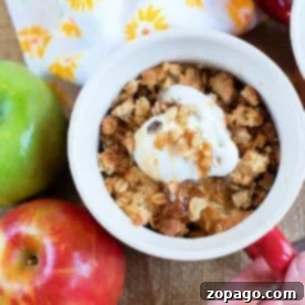 A mug with apple crumble, reminiscent of air fryer apple crisp, topped with ice cream and nuts, sits next to luscious green and red apples on a rustic burlap surface.