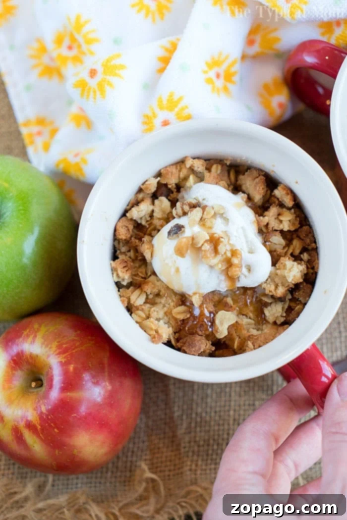 Air fryer apple crisp recipe!! Make this amazing fruit dessert in individual mugs tonight. Fall comfort food at it's finest right here. #applecrisp #airfryer #airfryerrecipes #airfryerdessert #applerecipe #airfryerapplecrisp #ninjafoodi #thetypicalmom A scoop being taken from a hot air fryer apple crisp in a mug, revealing the tender apple filling.