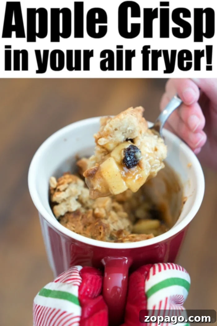 Golden Air Fryer Apple Oat Crisp 6 Two mugs of air fryer apple crisp, one with a scoop taken out, topped with ice cream and caramel.