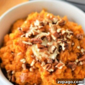 Mashed sweet potatoes, perfectly cooked, topped with butter and chopped pecans, served in a white bowl. Its an effortless air fryer mashed potato delight with a sweet twist!.