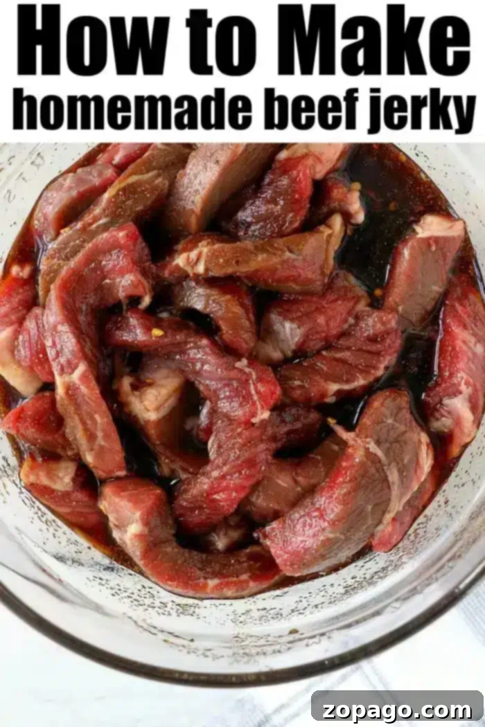 Crafting Beef Jerky in Your Air Fryer 4 A glass bowl containing marinated strips of raw beef is shown from above. The text above the image reads, "How to Make homemade air fryer beef jerky." The beef strips are soaking in a dark sauce, appearing ready for the next step in the jerky preparation process.