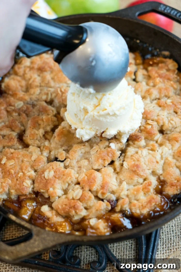 Apple crisp is to die for! Tender cinnamon baked apples bubbling in your oven with a oat crumble on top makes the best breakfast or dessert! #castironrecipes #castiron #castironapples #bakedapples #applecrisp #appledessert Serving homemade vanilla ice cream over a warm cast iron apple crisp, a perfect blend of sweet and tart flavors.