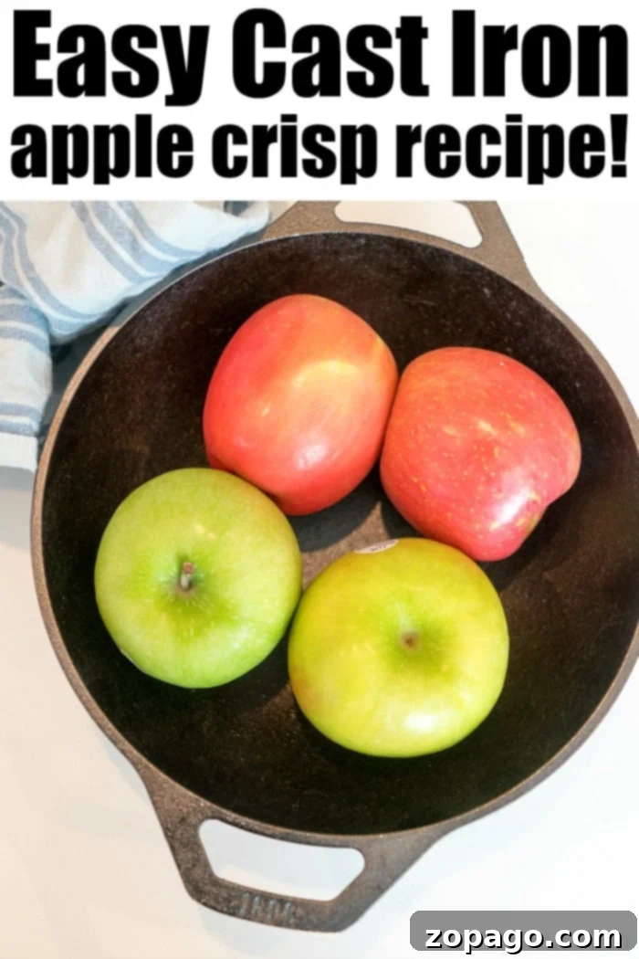 Discover the best cast iron apple crisp – tender cinnamon apples bubbling under a delectable oat crumble, ideal for any meal. #castironrecipes #castiron #castironapples #bakedapples #applecrisp #appledessert A close-up shot of a golden-brown cast iron apple crisp with an oat topping, ready to be served.