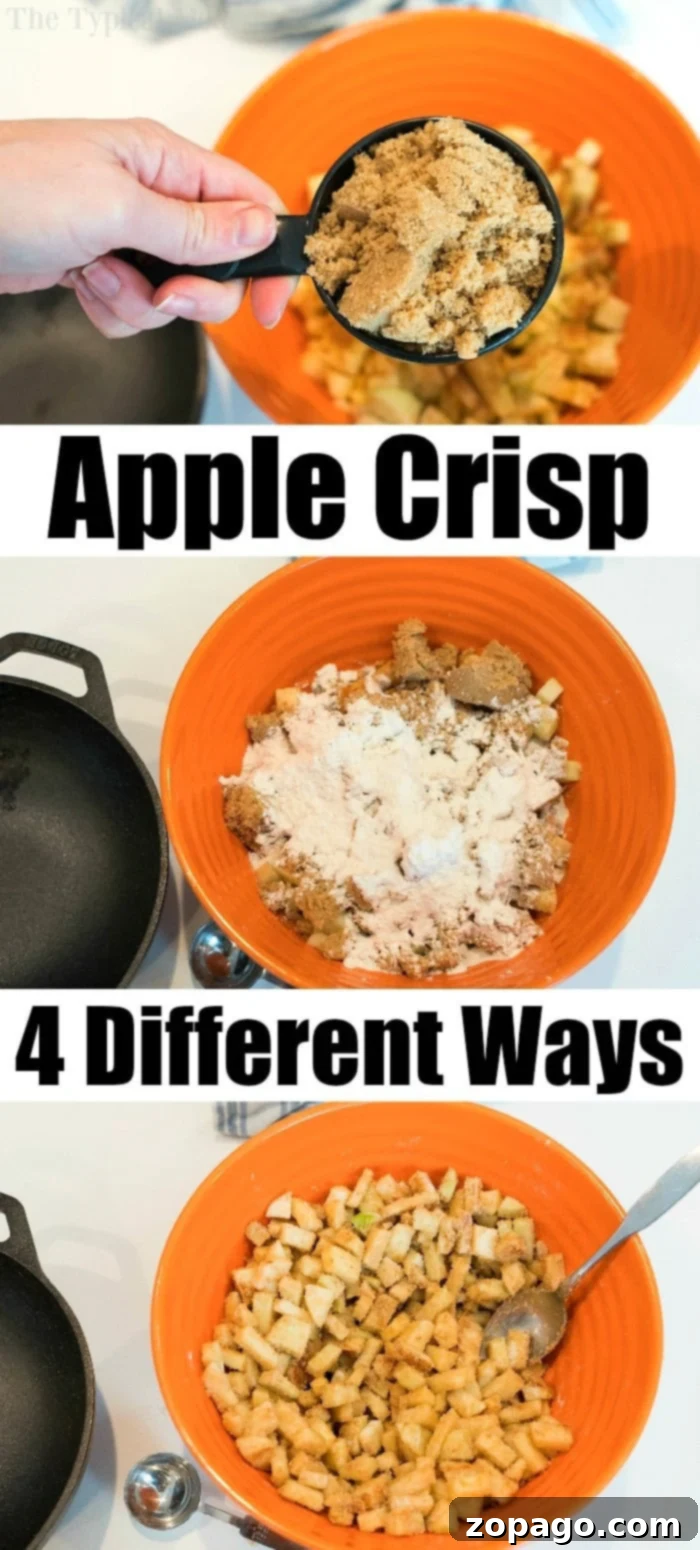 This cast iron apple crisp is simply divine! Tender cinnamon baked apples with a golden oat crumble make the best breakfast or dessert. #castironrecipes #castiron #castironapples #bakedapples #applecrisp #appledessert A close-up of a serving of apple crisp with a scoop of vanilla ice cream, highlighting the rich texture.