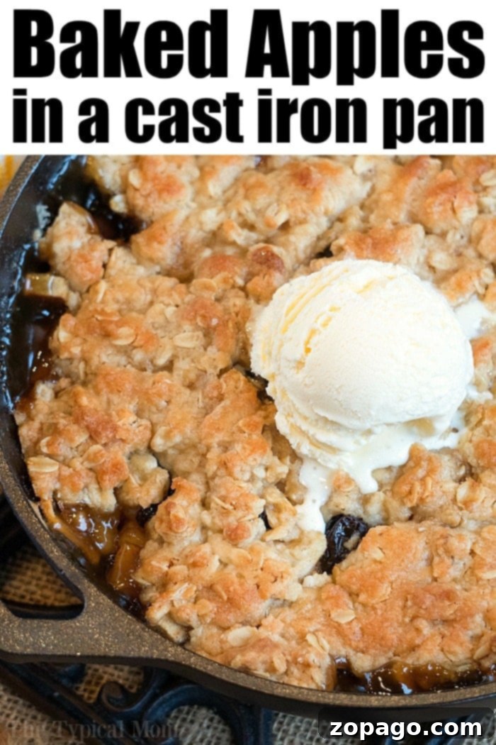 This apple crisp in the oven is truly a delight! Tender cinnamon baked apples bubbling with an oat crumble make it the perfect breakfast or dessert. #castironrecipes #castiron #castironapples #bakedapples #applecrisp #appledessert A close-up of a rustic baked apple recipe served in a cast iron skillet.