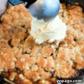 Skillet Apple Crisp with Oat Crumble 4 Scooping vanilla ice cream onto a freshly baked apple crisp in a cast iron skillet brings the delightful aroma of warm spices and fruit, much like a classic cast iron apple crisp.