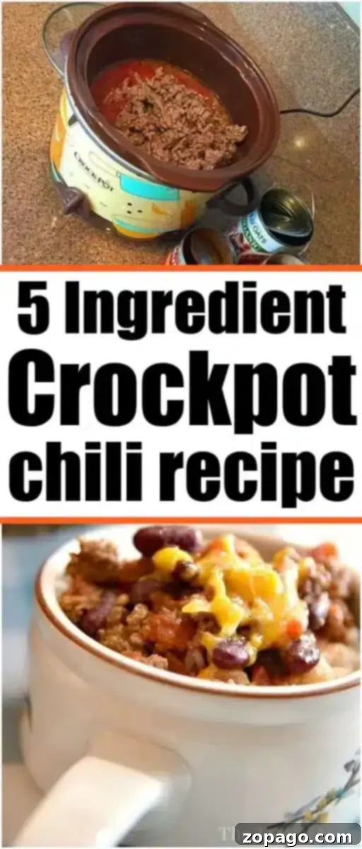 Top image shows a crockpot containing ground beef, with opened canned ingredients on the countertop. Bottom image displays a bowl filled with chili topped with shredded cheese.