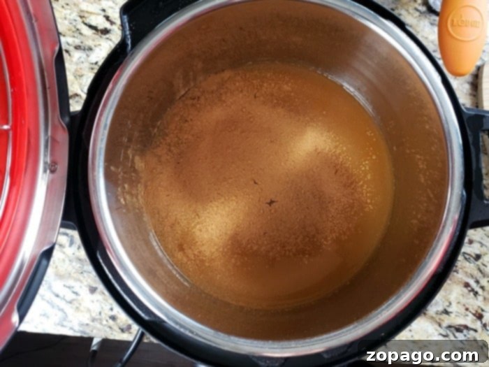 Instant Pot Spiced Apple Cider 3 A close-up of a pressure cooker filled with ingredients for hot apple cider, including apple slices, cinnamon sticks, and star anise, ready for infusion.