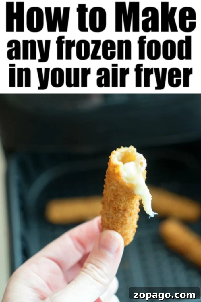 Various frozen foods ready for air frying, including mozzarella sticks.