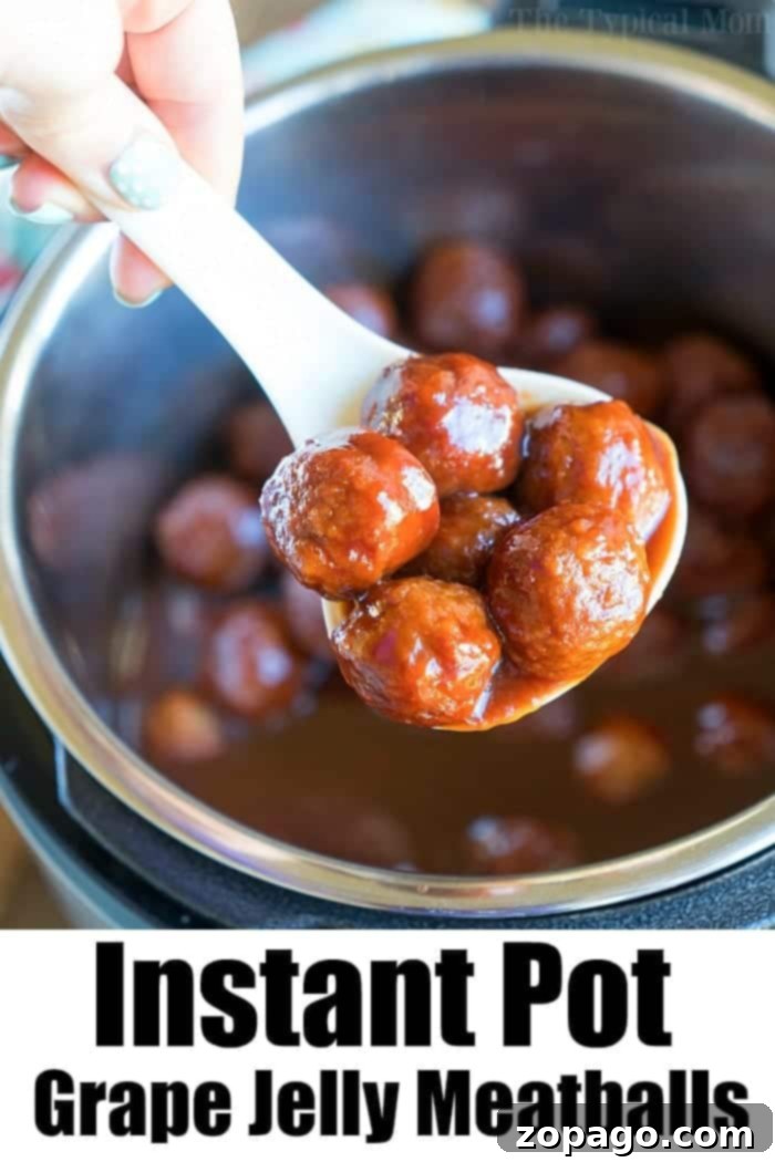 Easy Instant Pot Meatballs 4 Instant Pot Grape Jelly Meatballs in a serving dish, ready to be enjoyed.