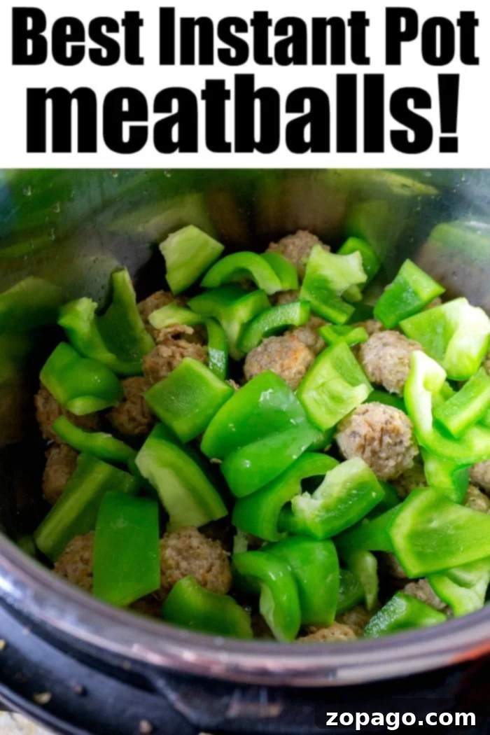 Instant Pot meatballs can be made 4 different ways with frozen meatballs from the store! Get ready for the best pressure cooker dinner or appetizer. #instantpotmeatballs #meatballs #frozenmeatballs #instapot #instantpotrecipes #thetypicalmom Pressure Cooker Meatballs with a rich sauce, garnished for serving.