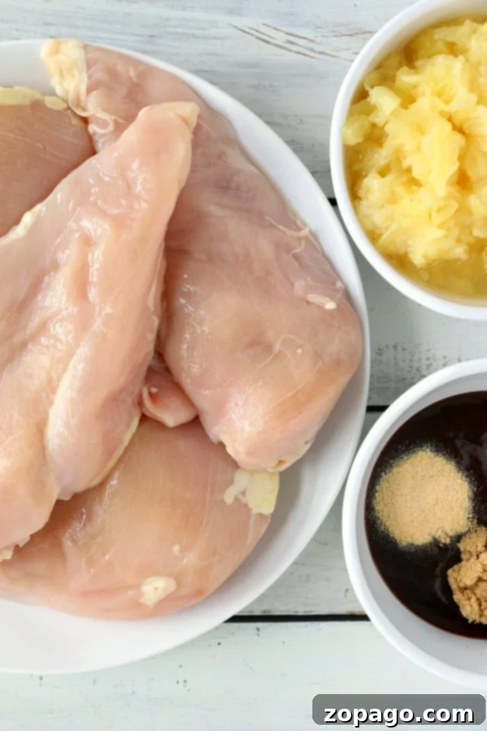 Pineapple Glazed Slow Cooker Chicken 3 A white plate with raw chicken breasts is next to two small bowls, ready for your crockpot Hawaiian chicken. One bowl contains diced pineapple, and the other holds a dark sauce mixed with garlic powder and ginger powder. The items are arranged on a light wooden surface.