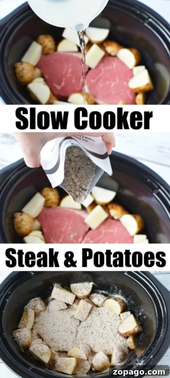 Crockpot steak and potatoes!! Great dinner idea that cooks all day by itself! Tender and delicious every time. Slow cooker meals are the way to go. #crockpotrecipes #crockpotsteak #slowcookerrecipes #steakandpotatoes #steak #crockpotrecipeseasy slow cooker steak and potatoes with gravy