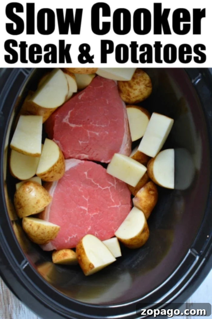 Slow cooker steak and potatoes is a great dinner idea that cooks all day by itself! Tender and delicious every time. Slow cooker meals are the way to go. #crockpotrecipes #crockpotsteak #slowcookerrecipes #steakandpotatoes #steak #crockpotrecipeseasy crockpot steak and potatoes close up