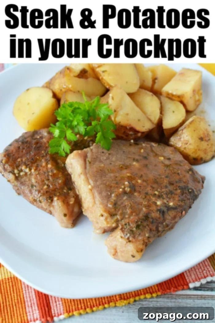 Crockpot steak and potatoes is a great dinner idea that cooks all day by itself! Tender and delicious every time. Slow cooker meals are the way to go. #crockpotrecipes #crockpotsteak #slowcookerrecipes #steakandpotatoes #steak #crockpotrecipeseasy sirloin steak recipe crockpot with fresh herbs